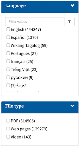 Example of search filters for language selection on search.epa.gov.