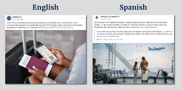Two recent social media posts - one English (left), one Spanish (right) - that exemplify data-driven travel topics and differences in user needs in each language.