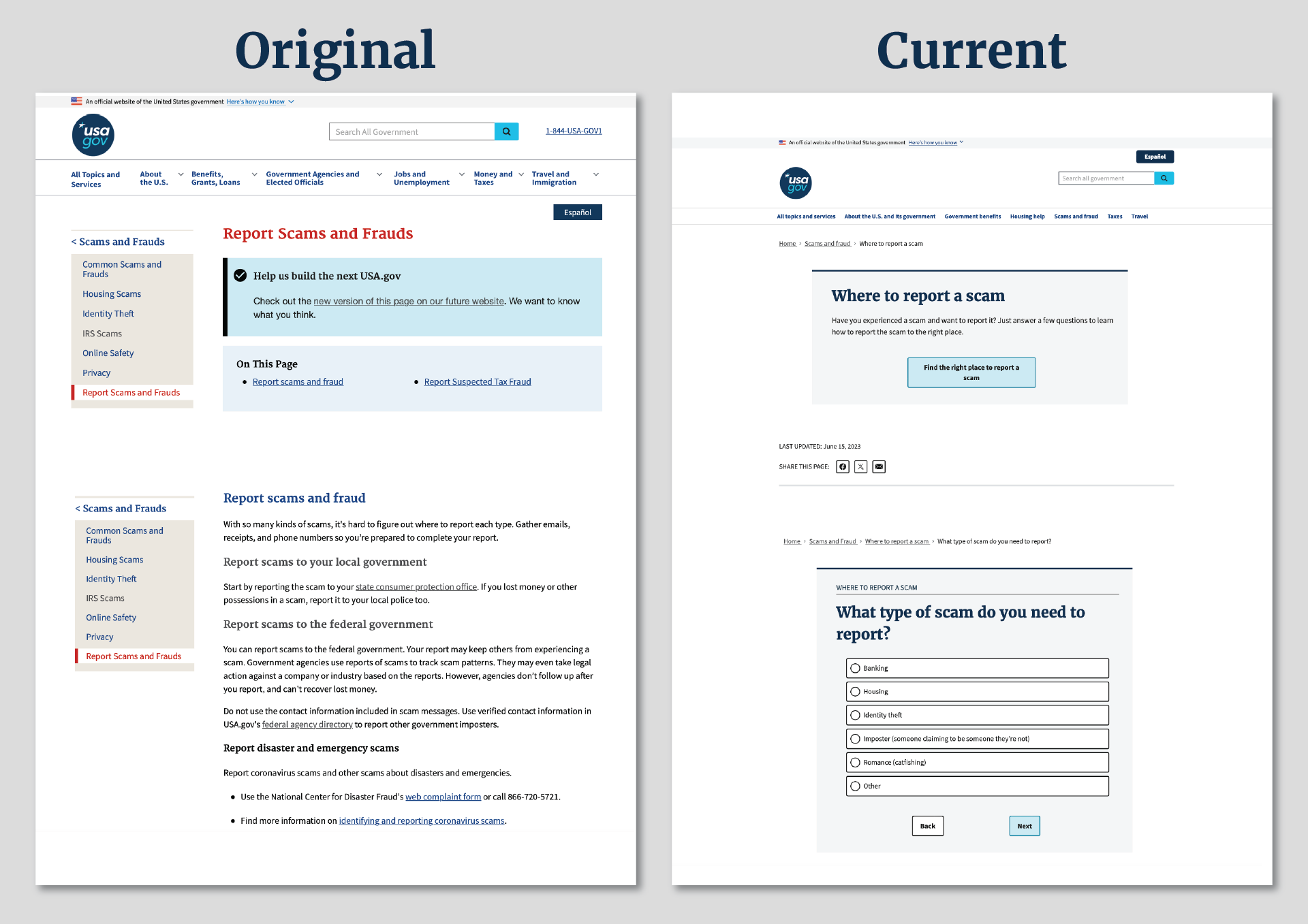 omparison of the original USA.gov scams wizard page (left) and current state of the scams wizard (right).
