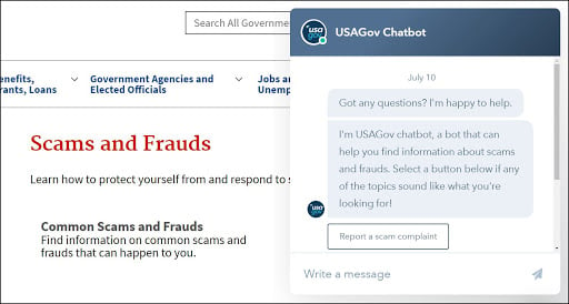 The USAGov chatbot--ready to answer your questions about scams
