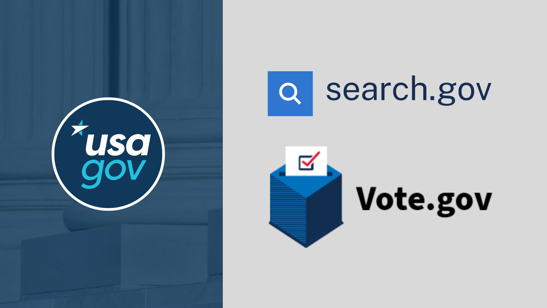 USAGov logo on the left with a blue background. Search.gov and Vote.gov logos stacked on top of one another on the right. 